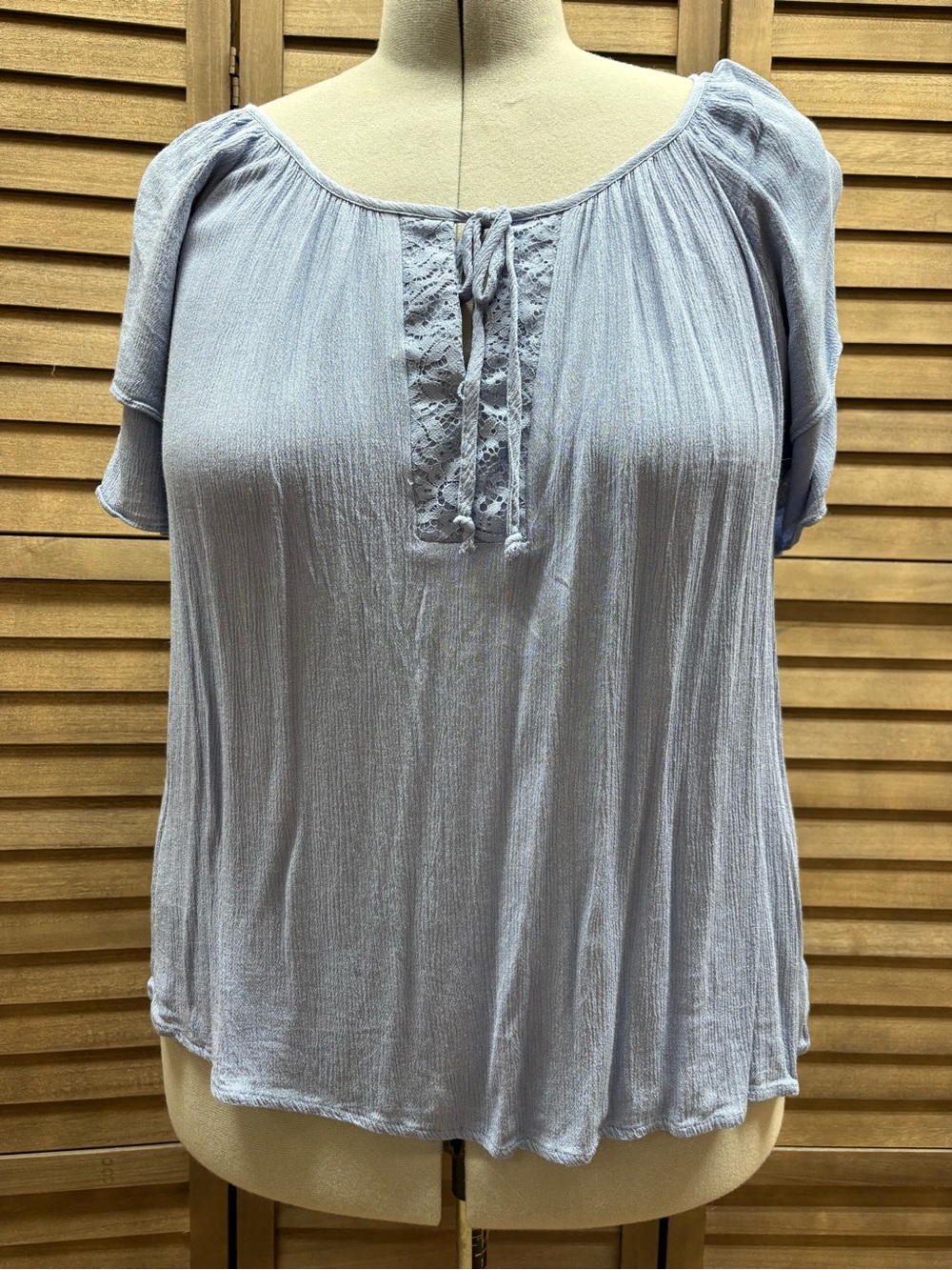 Adrienne Vittadini Pale Blue Lace-Tie Peasant Top
